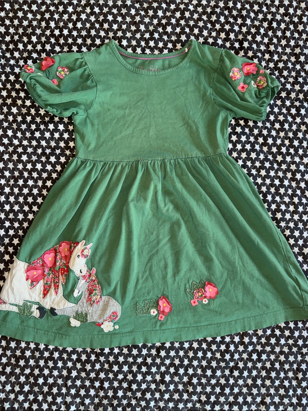 Mini Boden Unicorn Appliqué Kids Dress with Pink Floral Accents